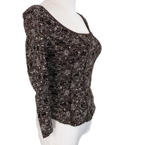 Moa Moa Evening Bodycon Glitter Blouse Scoop Neck Size Small Brown - Picture 8 of 9